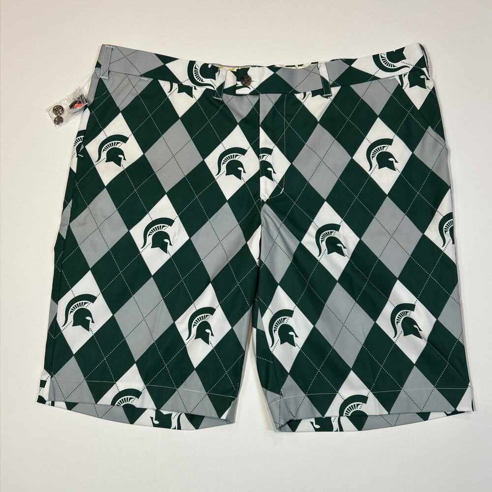 Loudmouth Michigan State Spartans Golf Shorts Men 42 NWT Green Argyle 11” Inseam